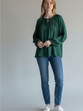 Gibson Latimer Deep Green Peasant Tunic with Tie Neck